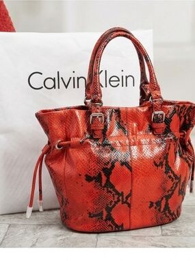 ​Calvin Klein Red Snake Print Cinch Bucket Tote NWOT
